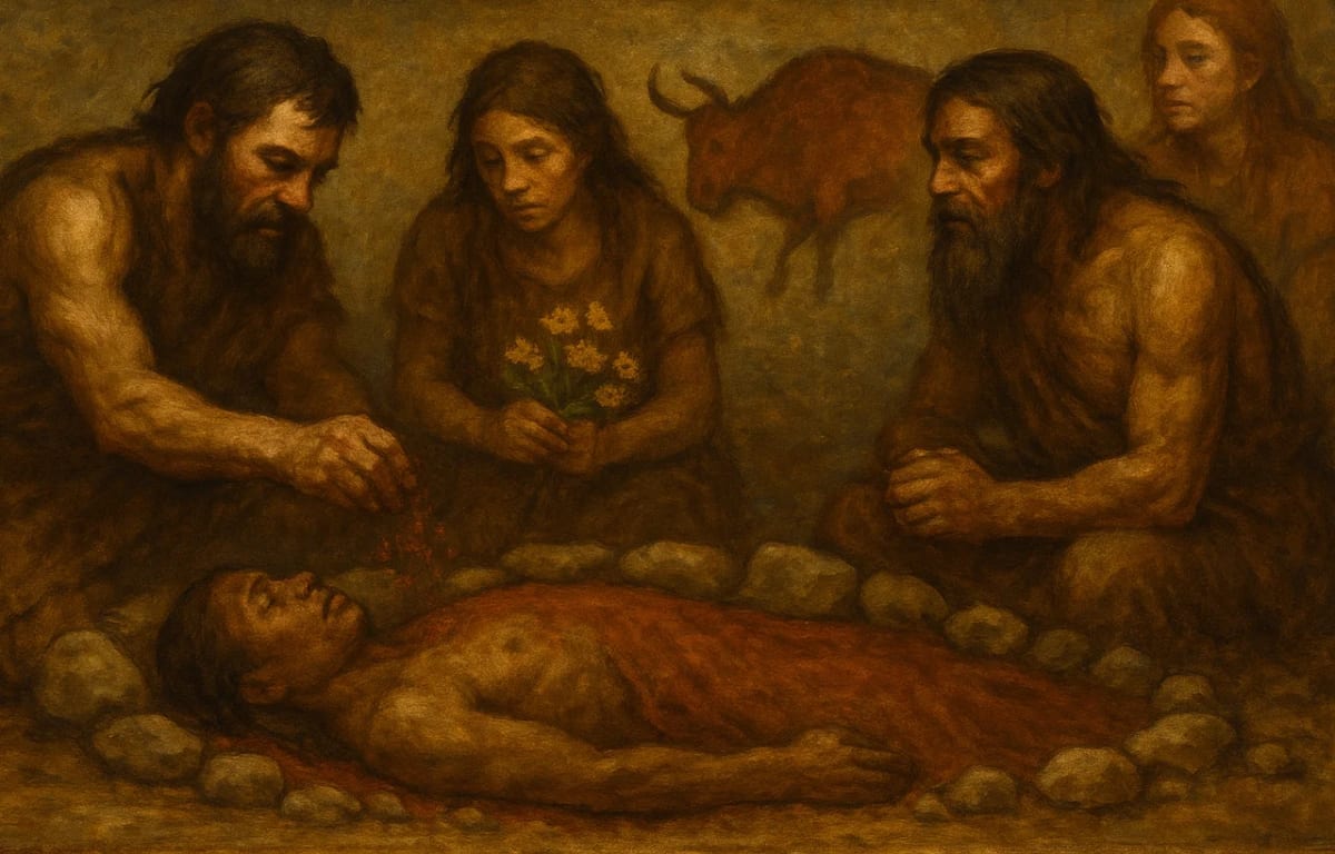 Pintura que muestra a un grupo humano prehistórico realizando un ritual funerario alrededor de un cuerpo