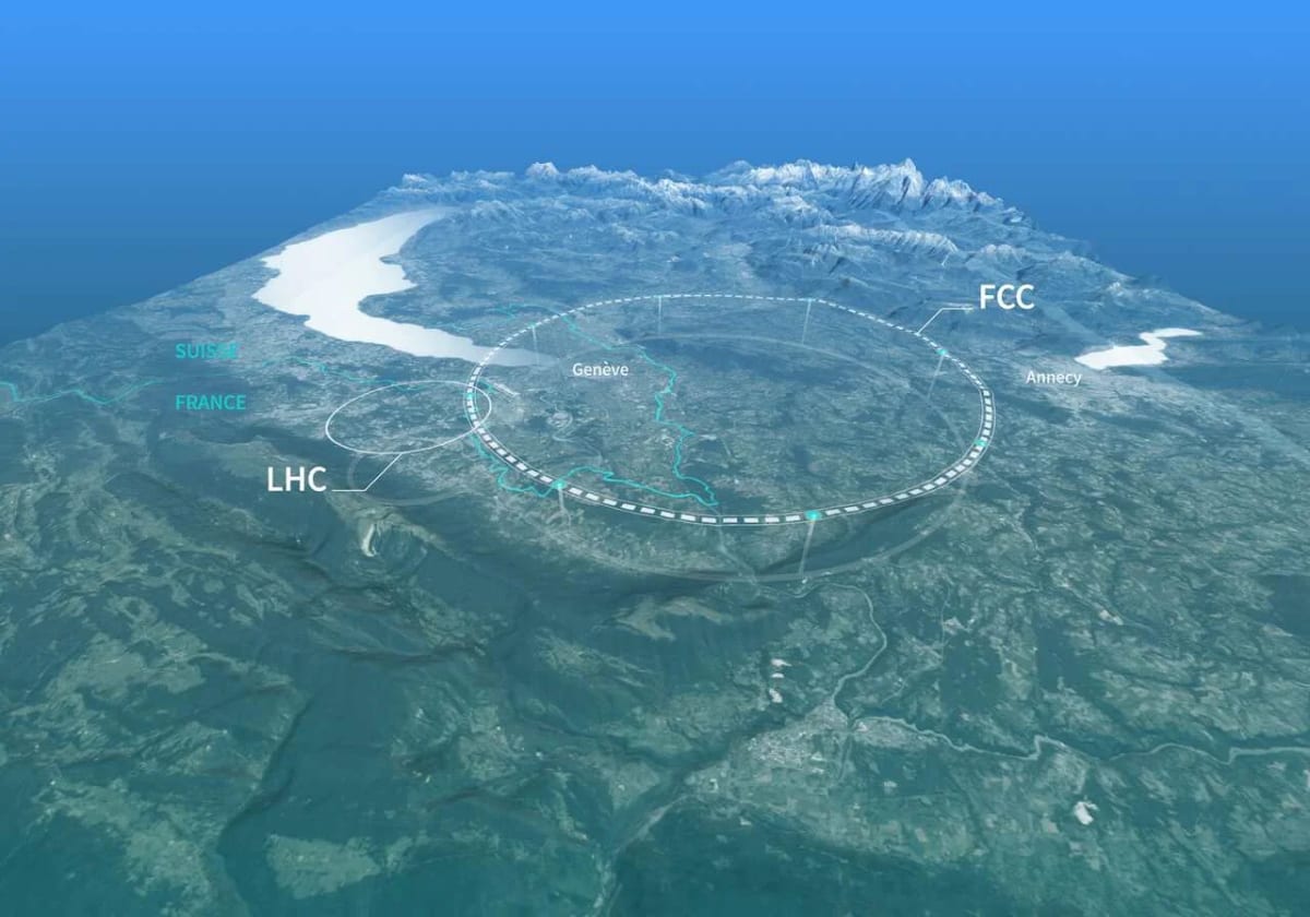 Mapa 3D de Ginebra con el anillo propuesto del Future Circular Collider de 90 km junto al LHC