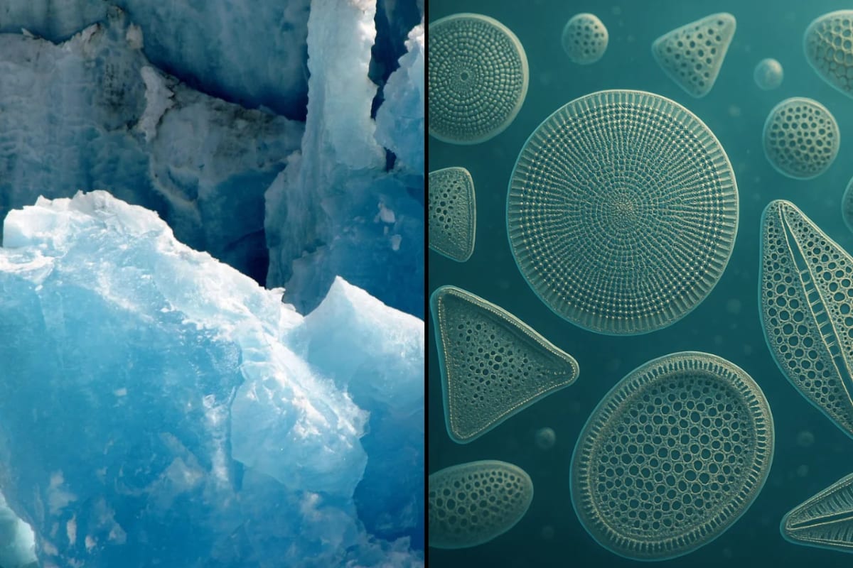 Composición visual del hielo ártico y microalgas diatomeas observadas en detalle microscópico