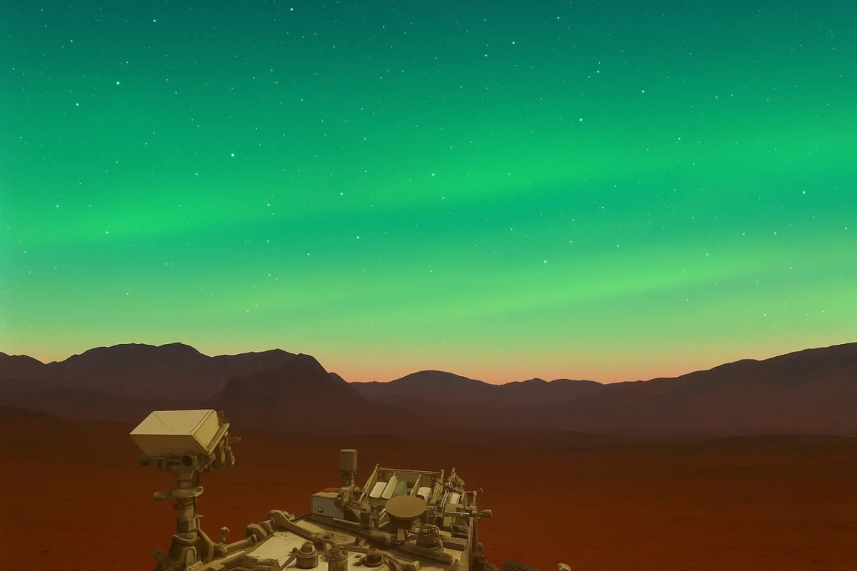 Aurora verde iluminando el cielo marciano sobre el rover Perseverance en una ilustración artística.