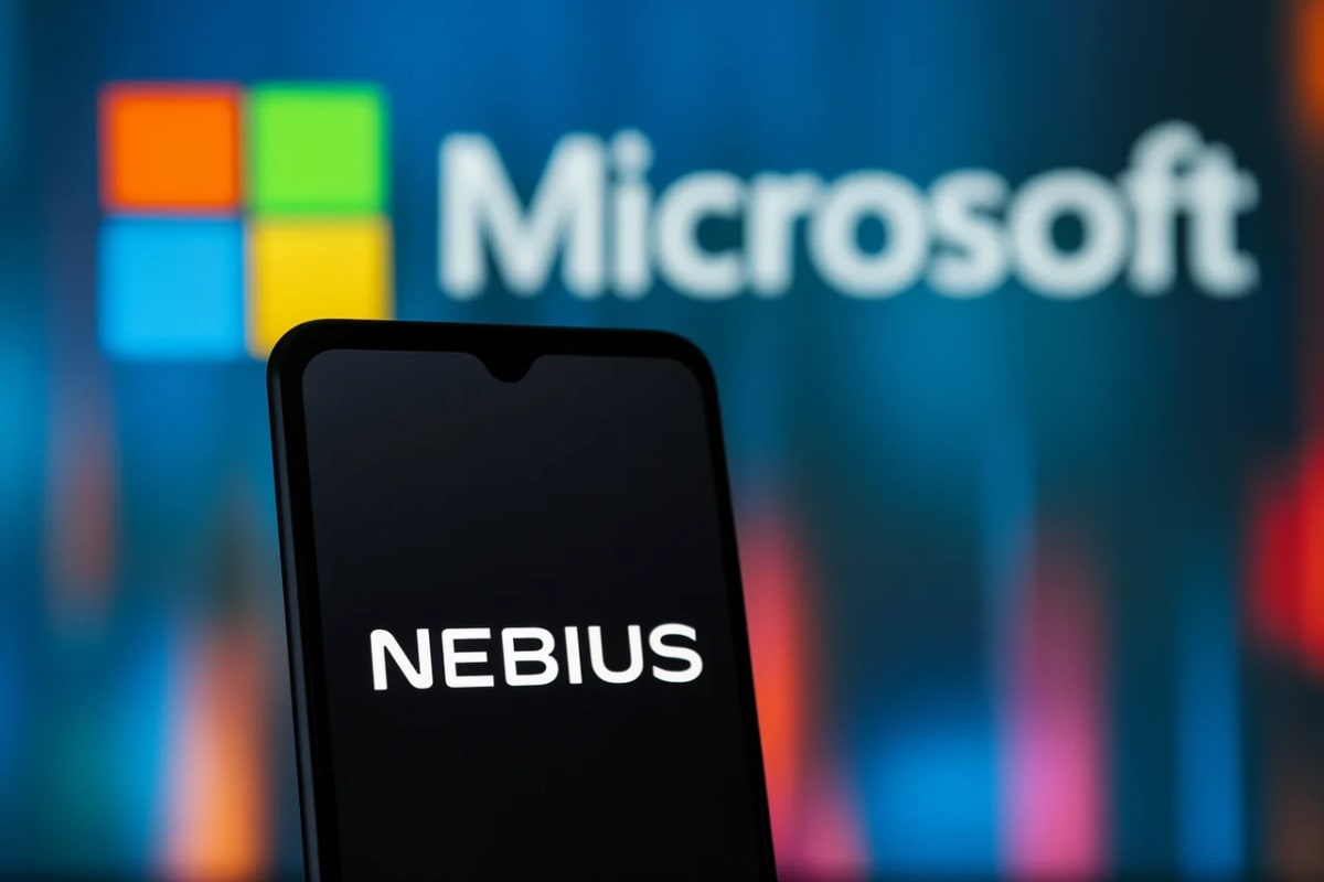 Smartphone con el texto “NEBIUS” en pantalla y al fondo, el logotipo de Microsoft