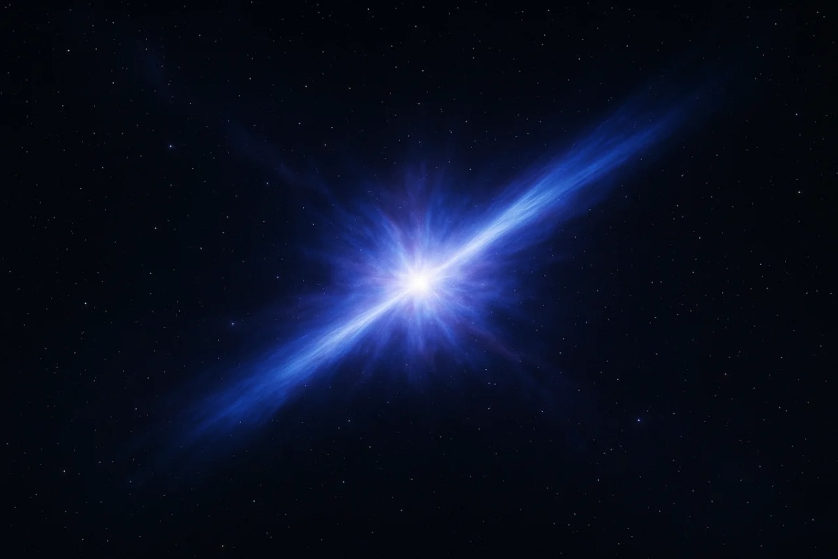 Ilustración artística de un estallido de rayos gamma con chorros de energía en el espacio profundo