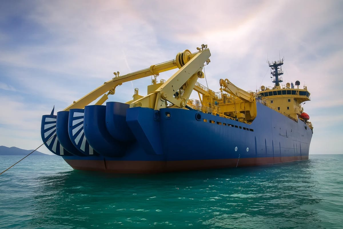 Buque cablero azul y amarillo desplegado en el mar para la instalación del cable submarino 2Africa