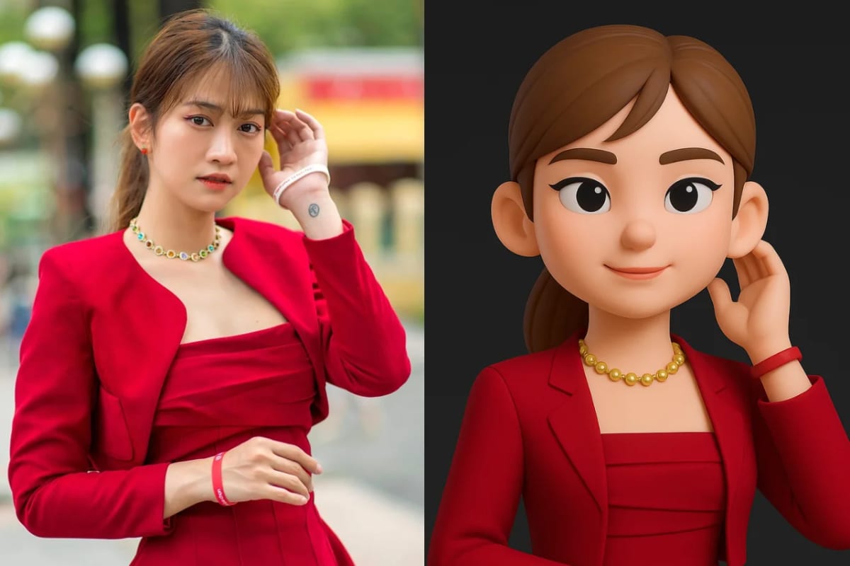 Comparación entre fotografía real y versión avatar 3D de una mujer con vestido rojo elegante