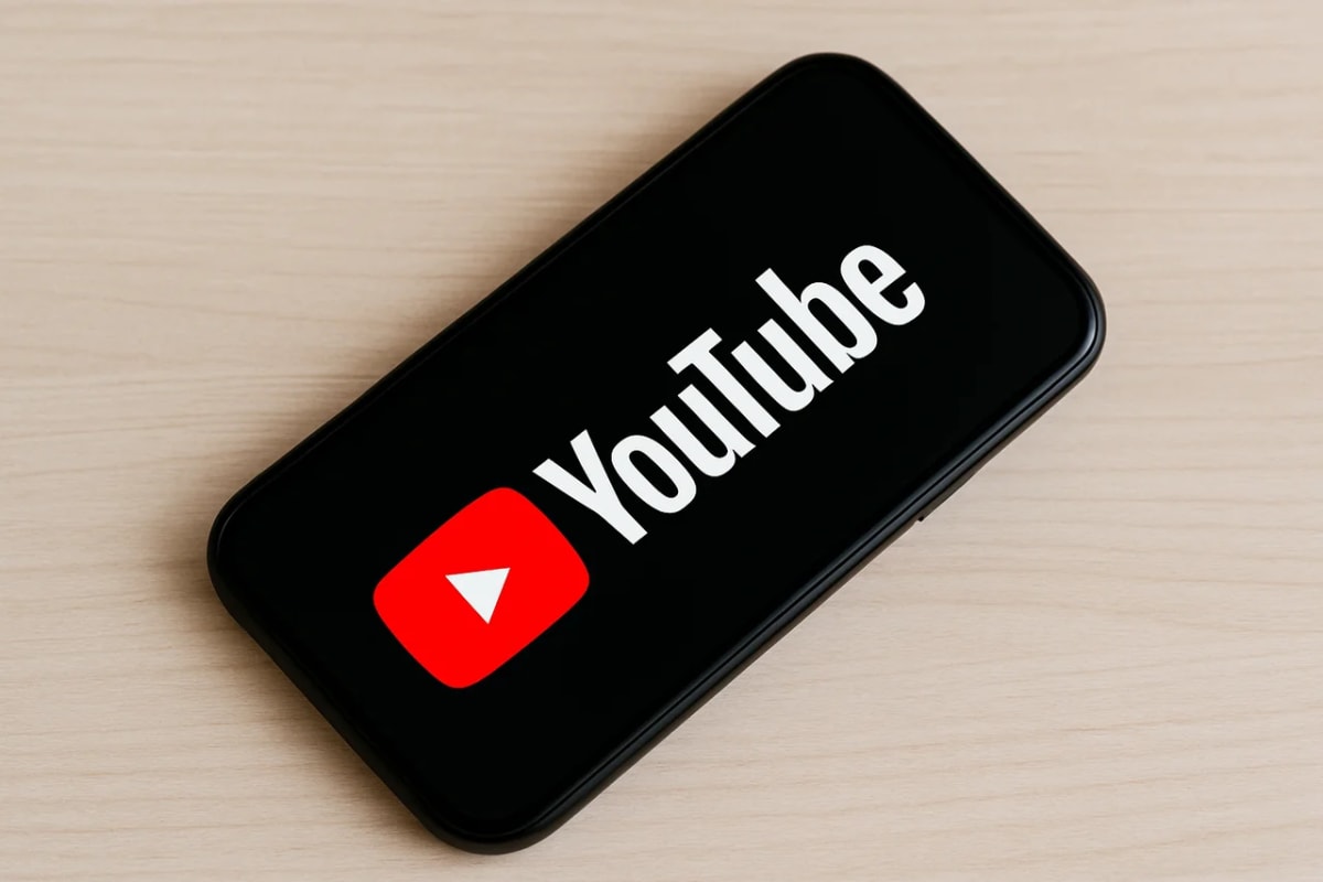 Teléfono móvil sobre una superficie de madera mostrando en pantalla el logotipo de YouTube con fondo negro y el ícono rojo característico con un triángulo blanco