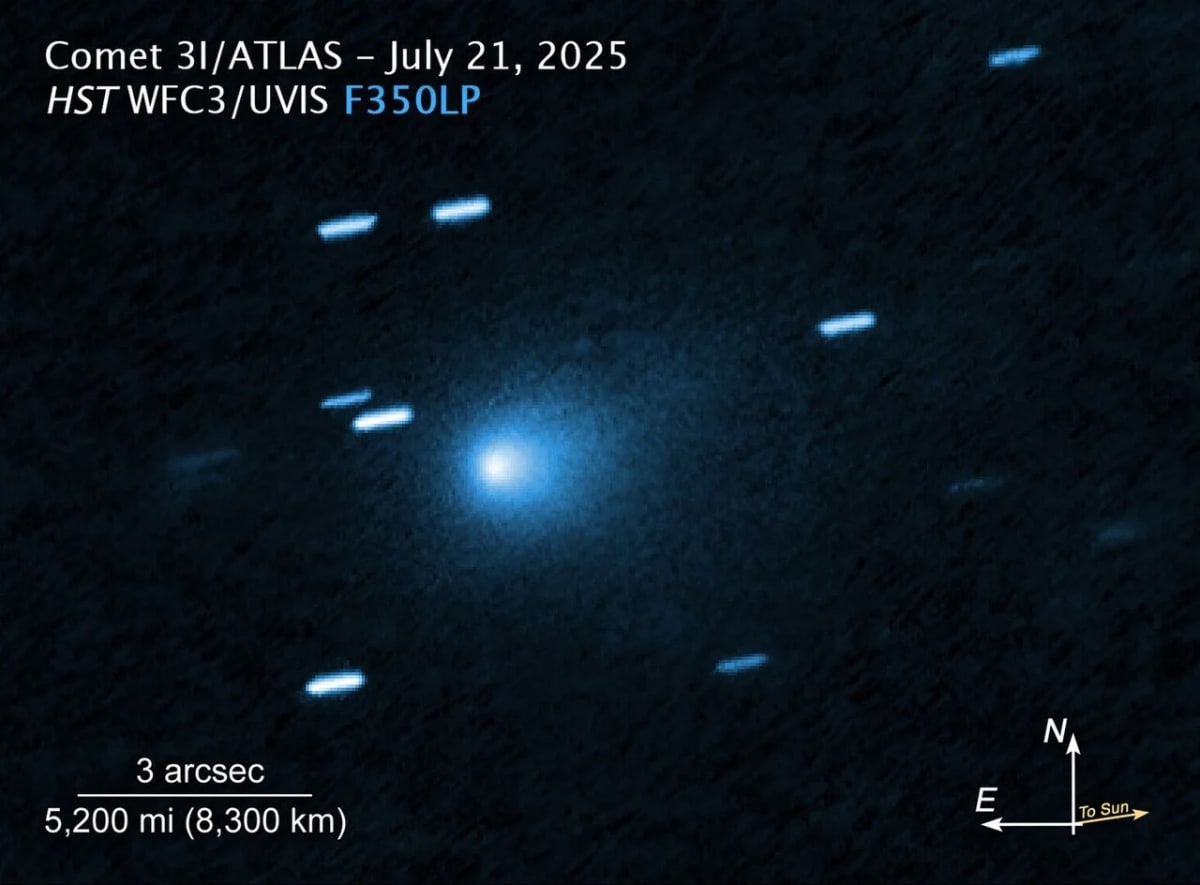 Imagen del cometa interestelar 3I/ATLAS capturada por el telescopio espacial Hubble el 21 de julio de 2025 con la Wide Field Camera