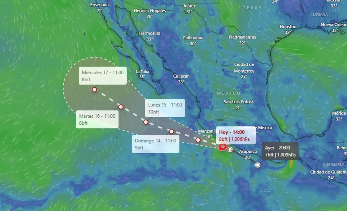 Trayectoria prevista de la tormenta tropical Mario frente a las costas de Guerrero y Michoacán, con zonas de vigilancia en el Pacífico mexicano