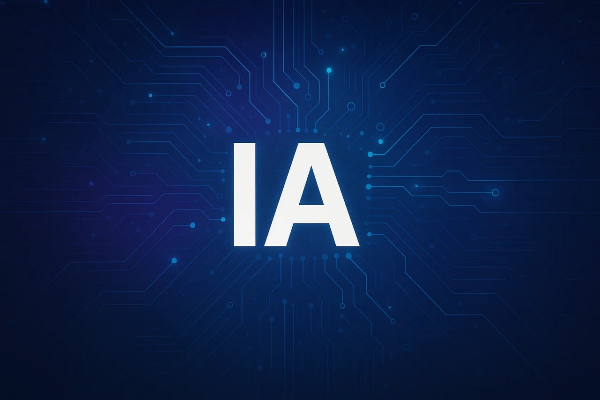 Ilustración digital con la palabra IA en el centro sobre un fondo azul futurista de circuitos y redes, representando la inteligencia artificial.