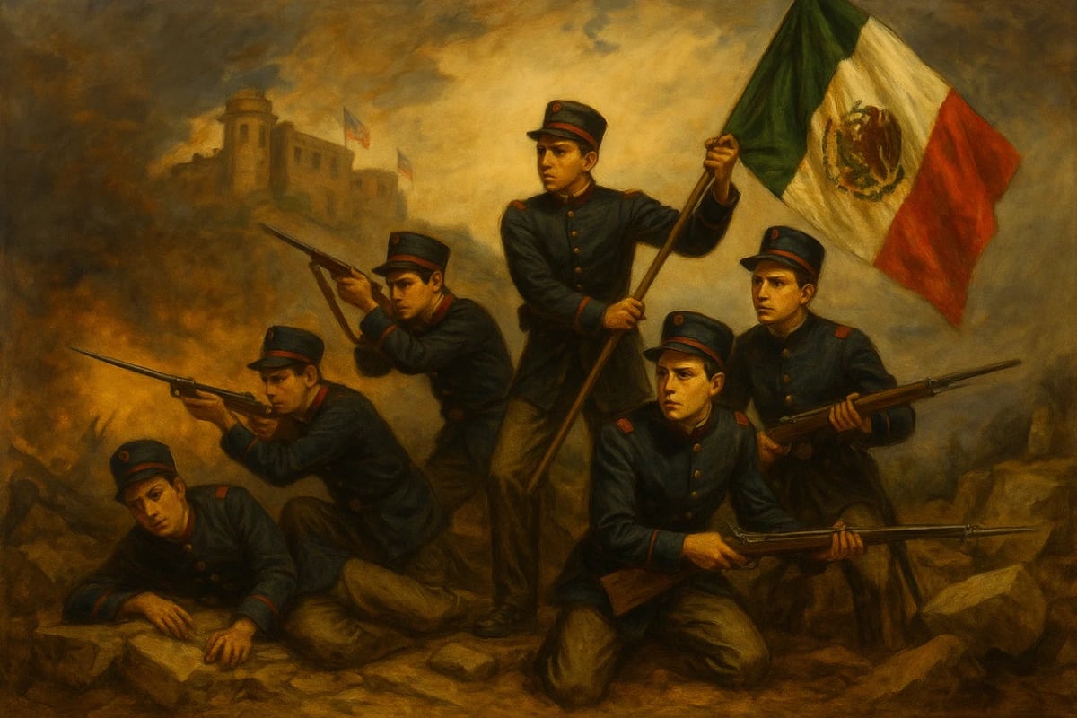 Pintura histórica que muestra a los niños héroes defendiendo el Castillo de Chapultepec en 1847, con cadetes armados y la bandera de México