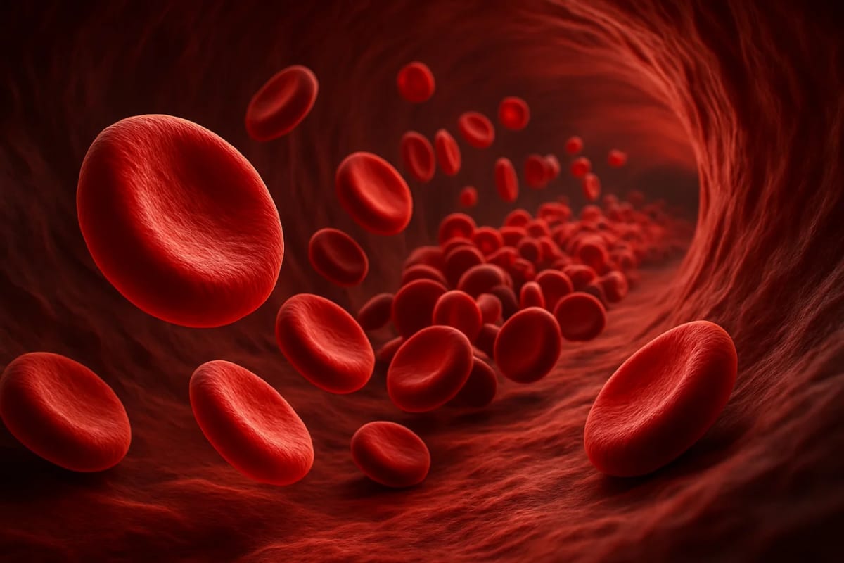 Glóbulos rojos moviéndose a través de un vaso sanguíneo en una ilustración 3D realista, representando el transporte de oxígeno en la sangre