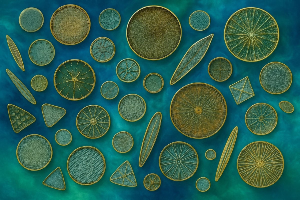 Ilustración artística que representa un conjunto de diatomeas en diferentes formas geométricas circulares, triangulares y alargadas sobre un fondo azul verdoso