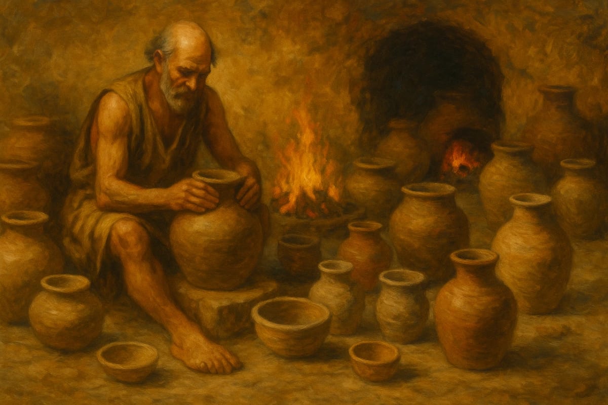 Pintura al óleo que representa vasijas de cerámica prehistórica hechas de arcilla, decoradas con motivos geométricos y dispuestas en un entorno rústico con tonos terrosos