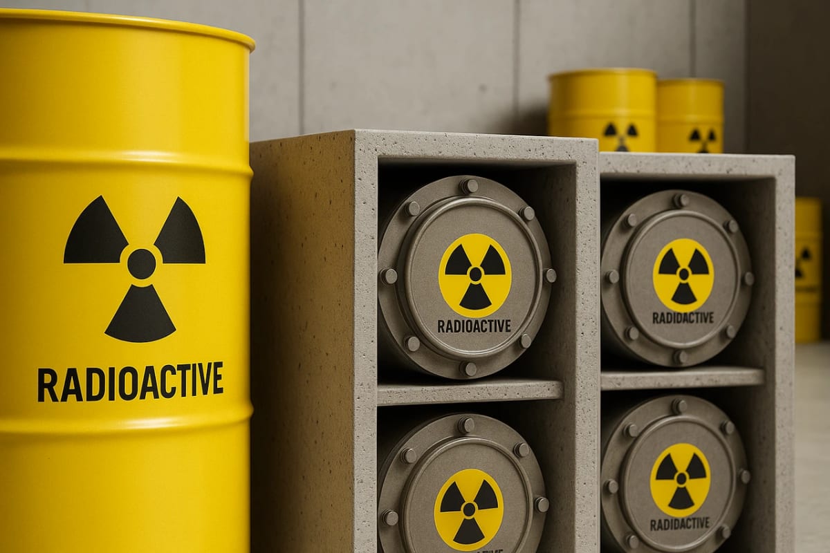 Contenedores de seguridad con símbolos de radiación almacenan residuos radiactivos en una instalación industrial para evitar riesgos ambientales y proteger la salud pública