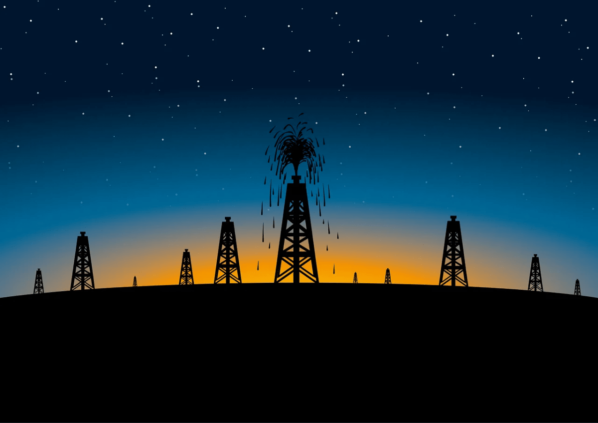 Ilustración de torres petroleras extrayendo crudo al anochecer con un cielo estrellado de fondo