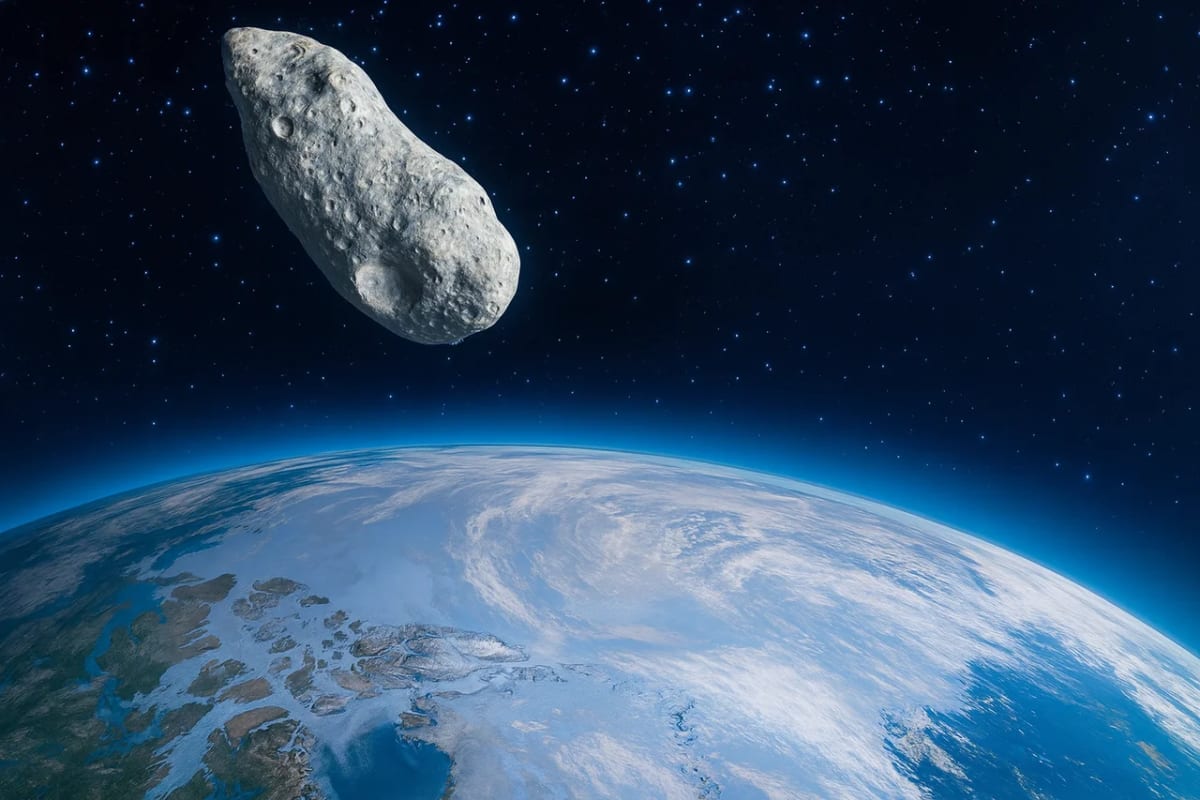 Ilustración digital del asteroide Apophis acercándose a la Tierra en el espacio, con estrellas de fondo y vista parcial del planeta desde la órbita