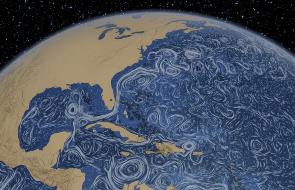 Ilustración digital de la Corriente del Golfo en el Atlántico Norte, con remolinos oceánicos visibles que influyen en el clima de Europa