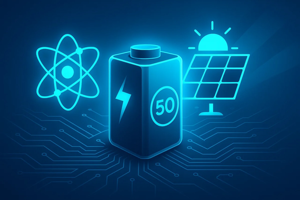 Batería futurista con símbolo nuclear a la izquierda y panel solar a la derecha sobre fondo tecnológico azul