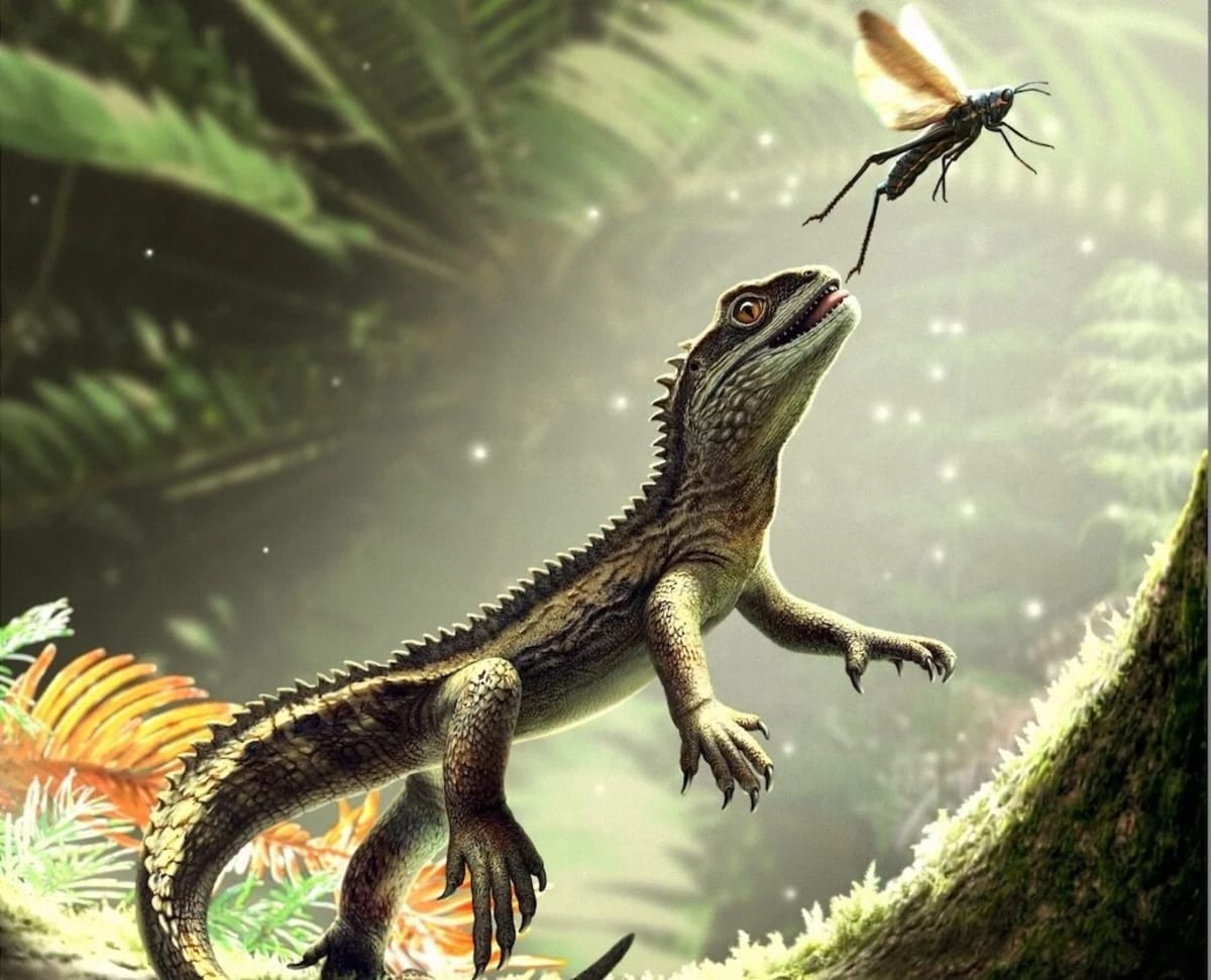 Ilustración científica que recrea el aspecto en vida de un lagarto extinto