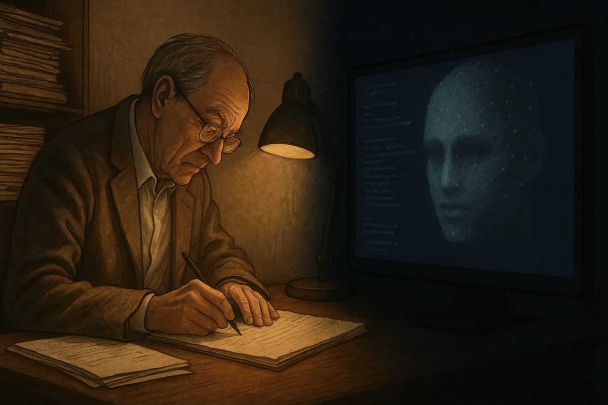 Historiador escribiendo a mano bajo una lámpara junto a una pantalla moderna con diseño digital