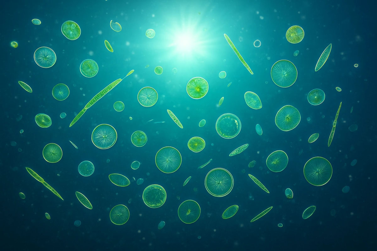 Fitoplancton microscópico flotando en aguas marinas iluminadas por la luz solar