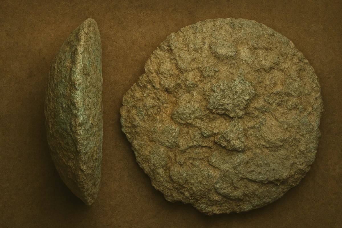 Lingote plano-convexo de la Edad del Hierro visto desde arriba y de perfil