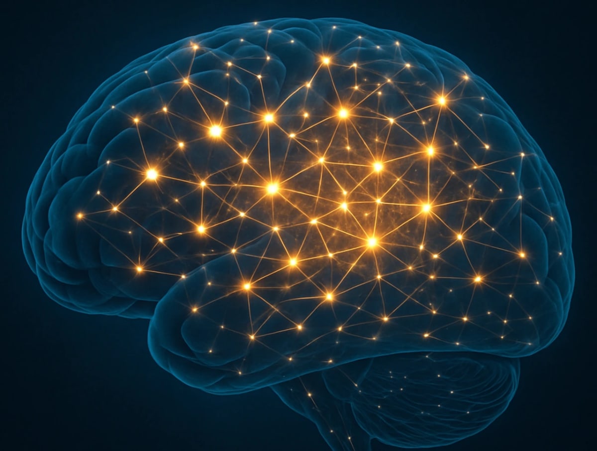 Cerebro humano con conexiones neuronales iluminadas.