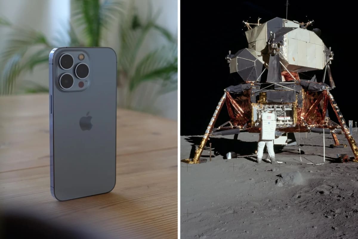 Un iPhone junto al módulo lunar del Apolo 11, contraste entre tecnología actual y la de 1969