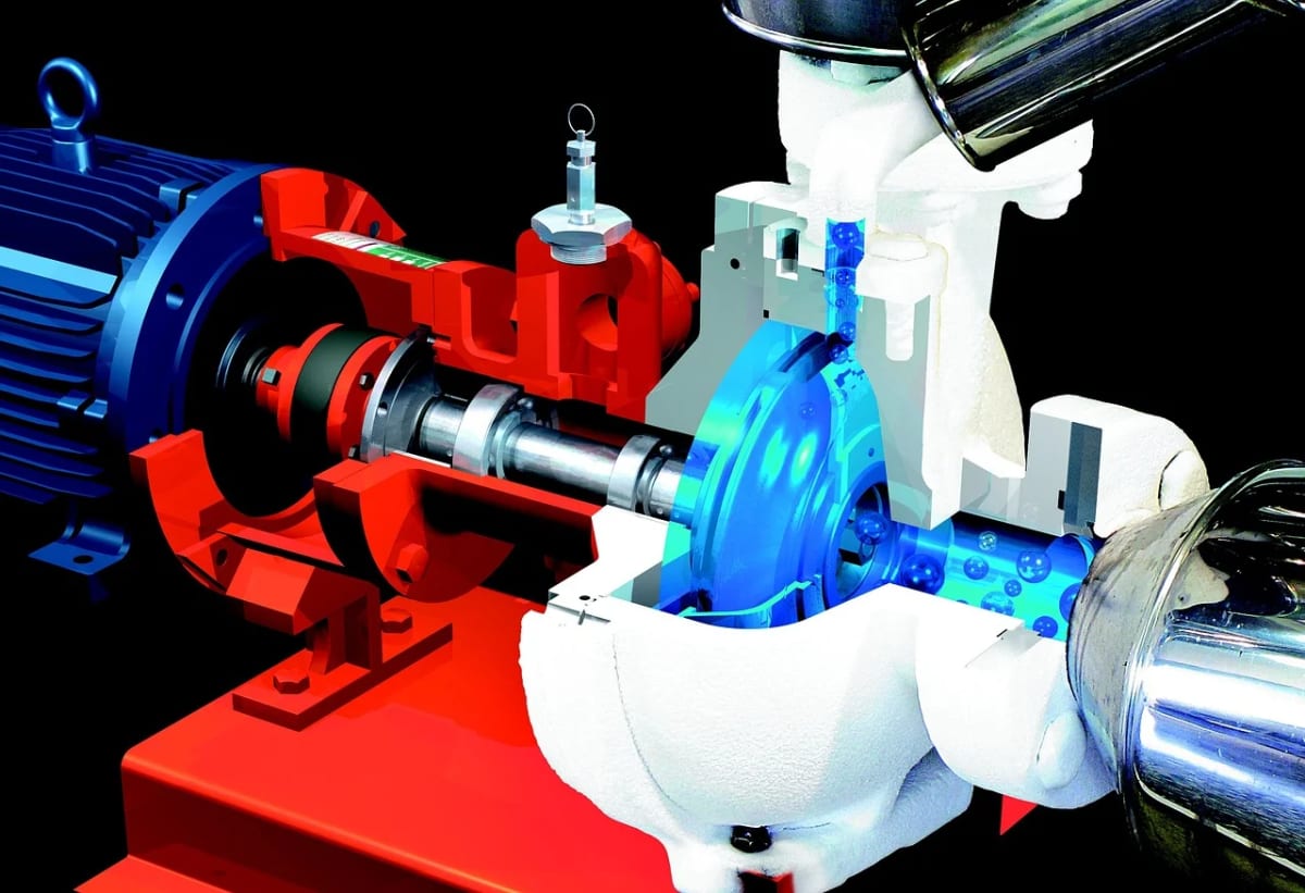 Ilustración de una bomba industrial con flujo de amoníaco representado en color azul brillante y moléculas de NH₃ en movimiento