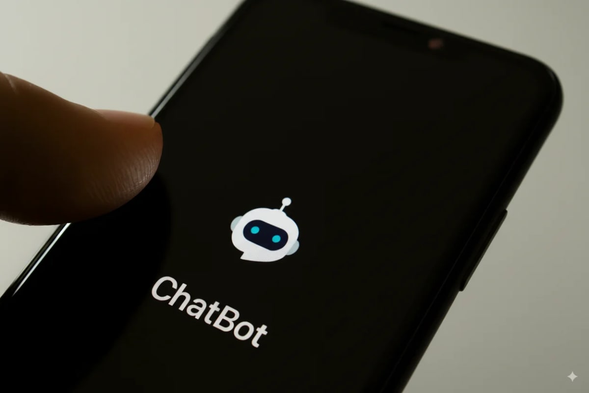 Primer plano de un dedo tocando la pantalla de un móvil con el icono de un chatbot y el texto ChatBot