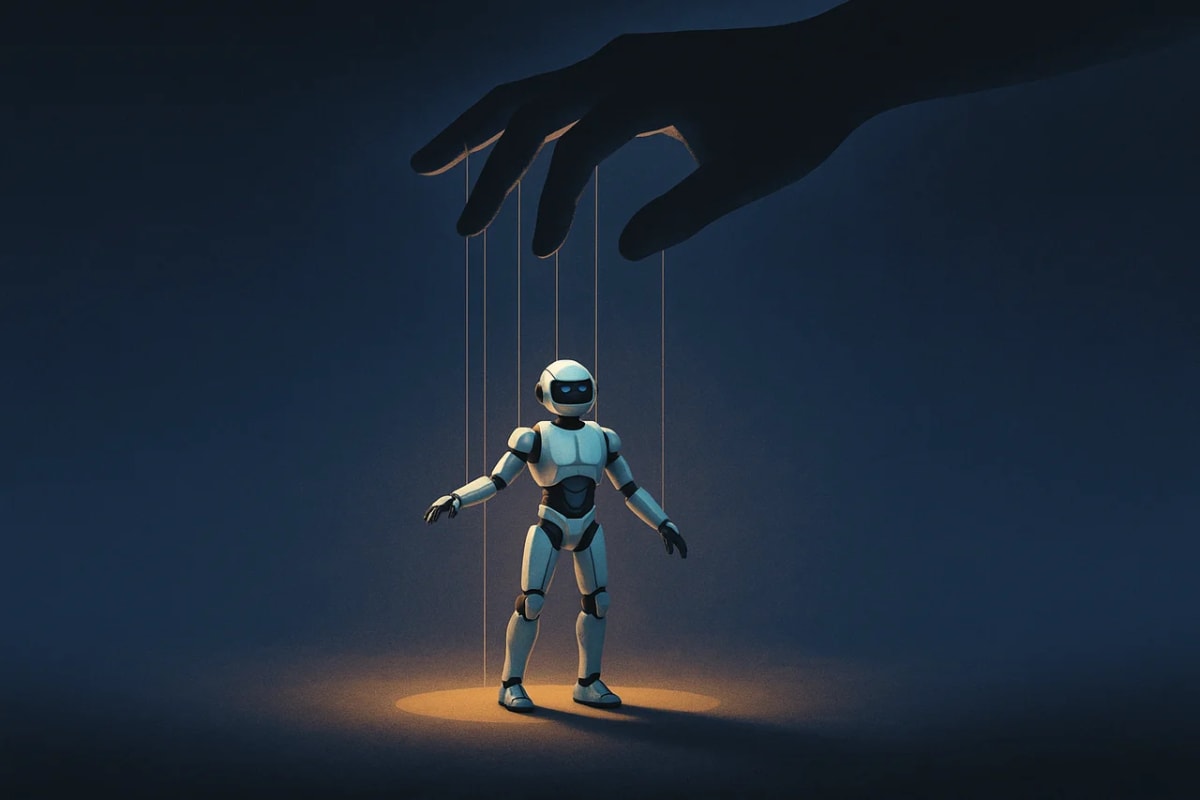 Robot controlado como marioneta por una mano humana en sombras