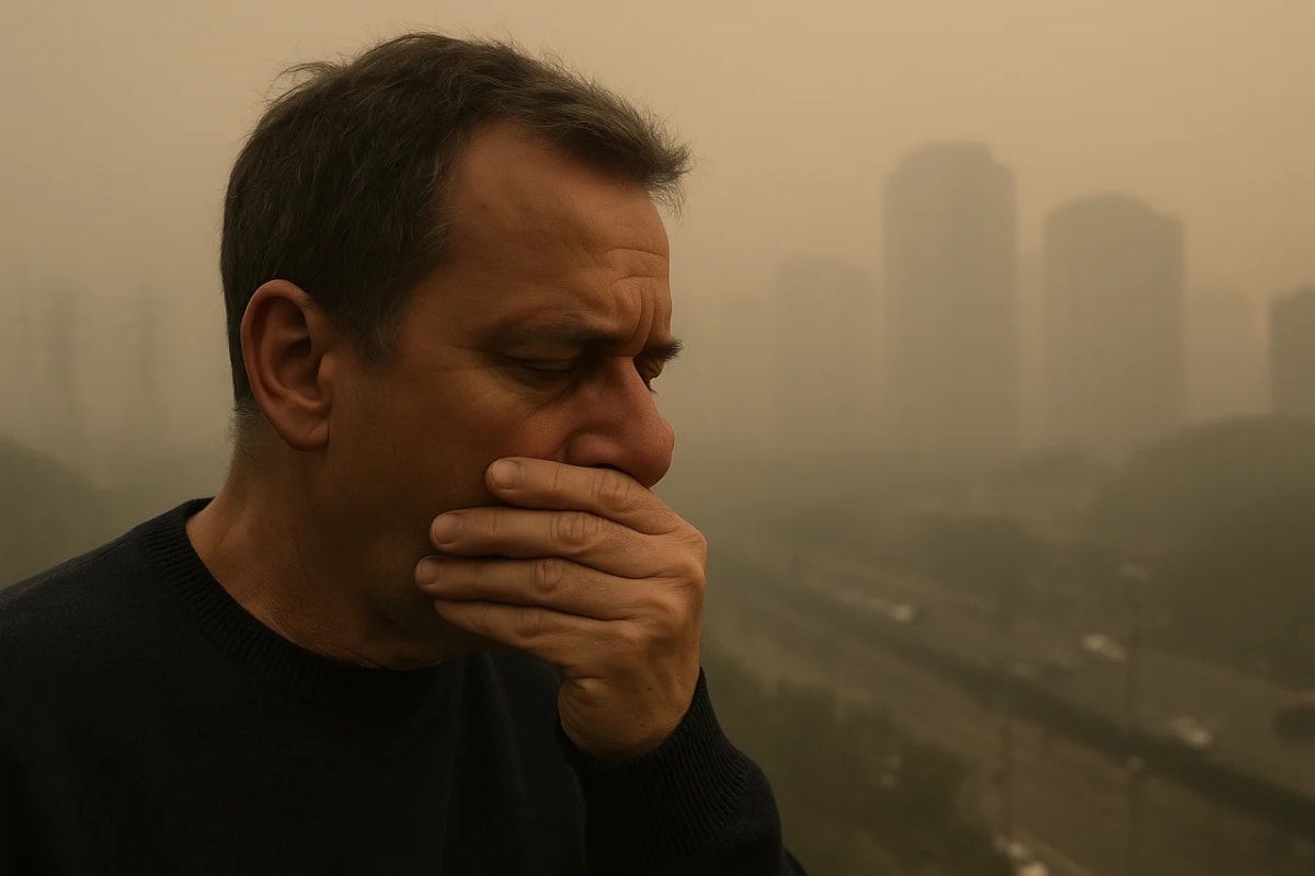 Un hombre se cubre la boca con la mano mientras respira en una ciudad cubierta por una densa niebla de contaminación
