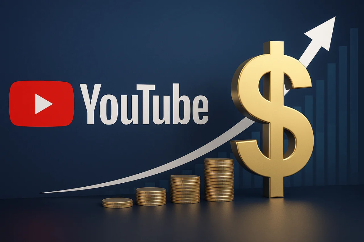 Logo de YouTube junto a una pila de monedas doradas y una flecha ascendente que simboliza el crecimiento de ingresos