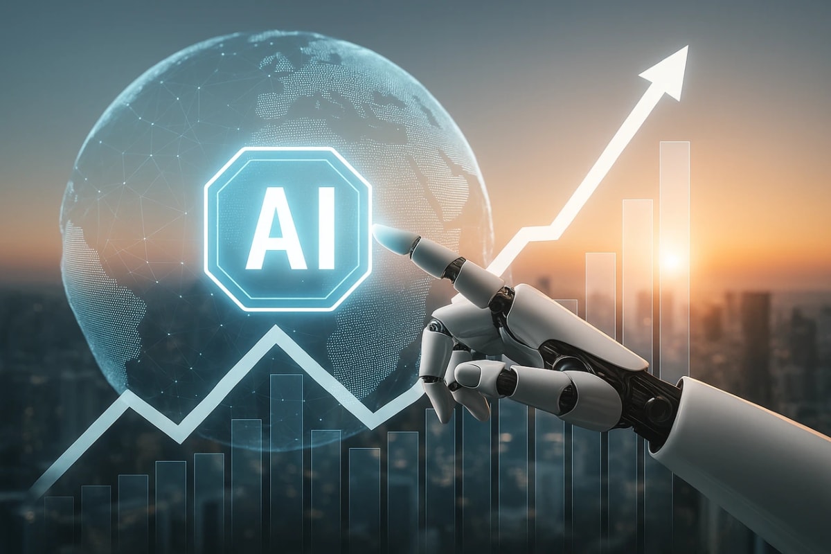 Mano robótica señala un gráfico ascendente con un globo digital y la sigla IA iluminada
