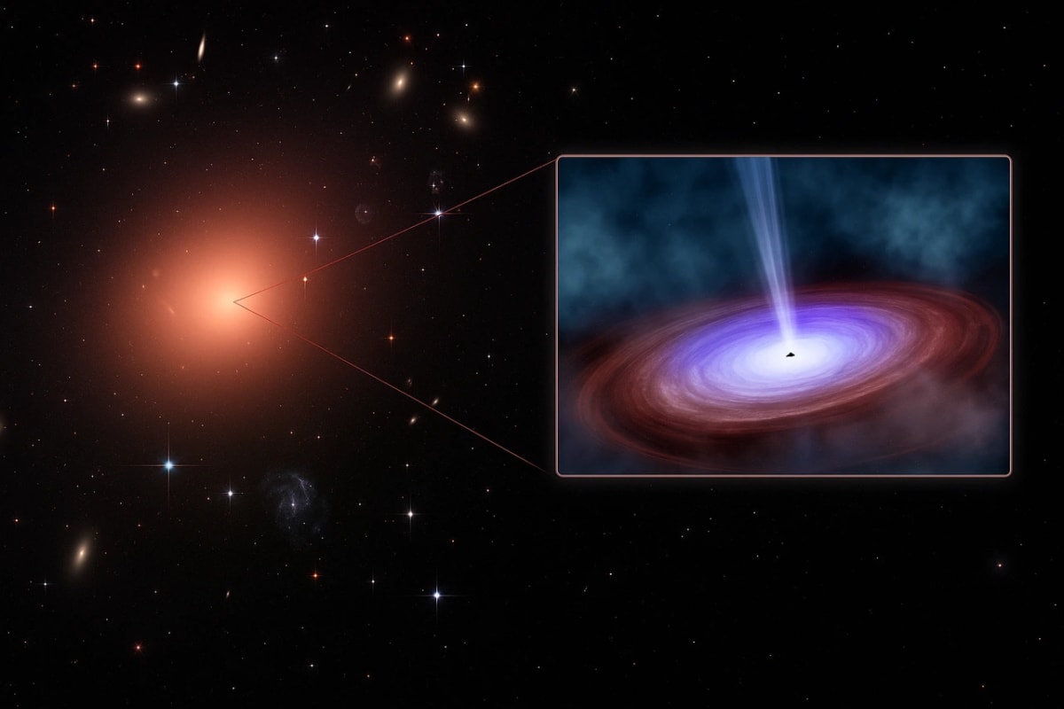 Ilustración astronómica que muestra una galaxia masiva en transición hacia un estado inactivo, con un agujero negro supermasivo activo en el núcleo y un disco de acreción brillante