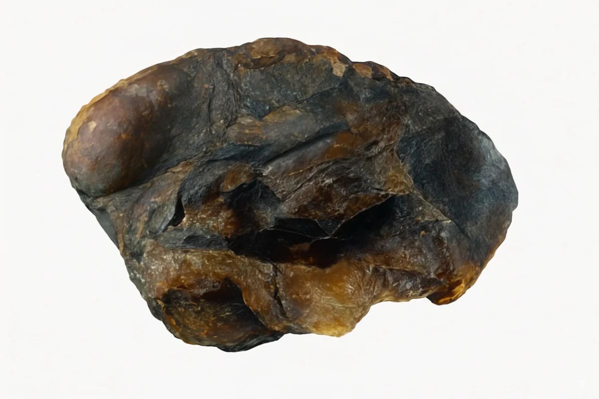 Recreación digital de un fragmento de ámbar oscuro y rugoso hallado en la Formación Hollín de Ecuador, inspirada en un estudio publicado en Nature