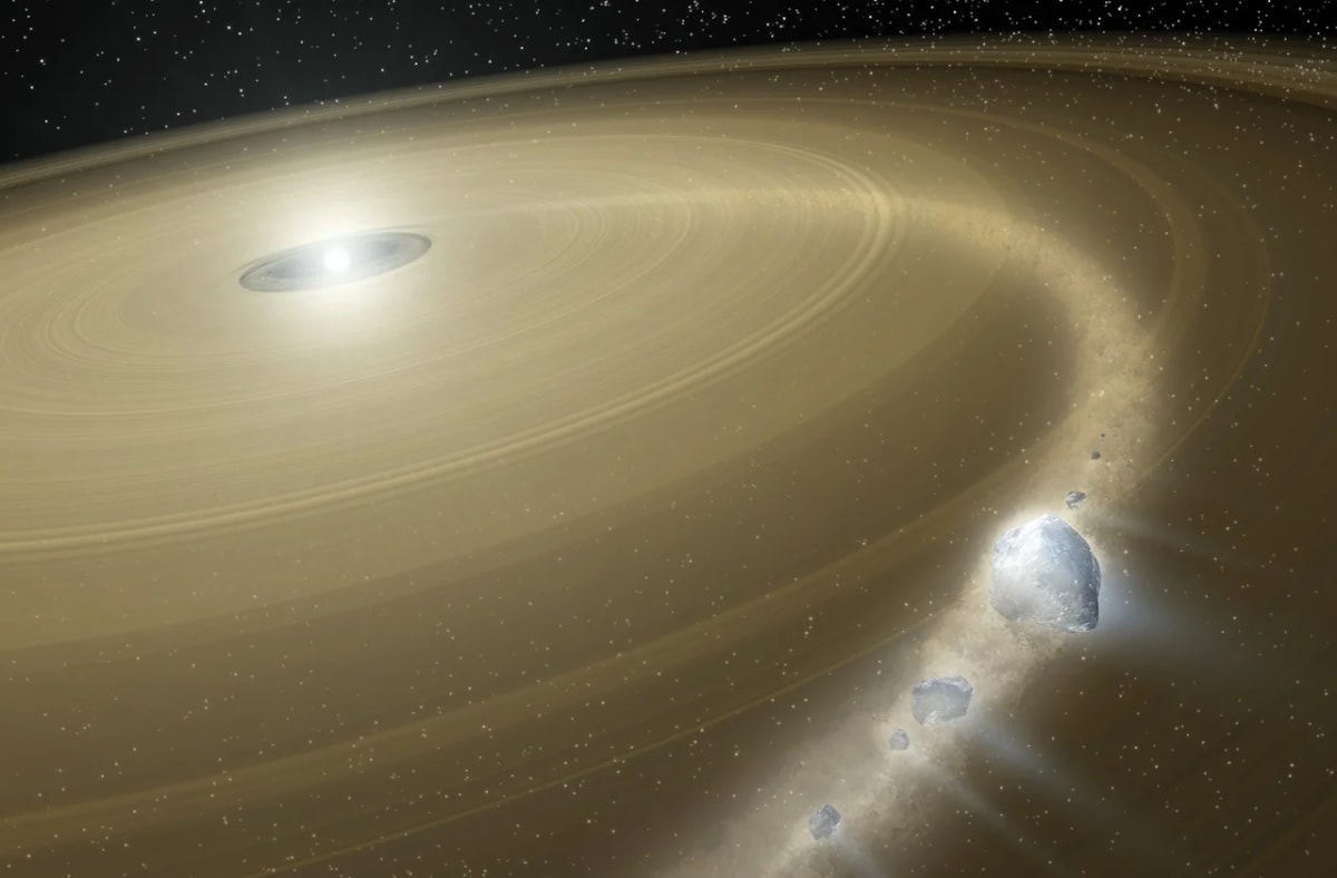 Ilustración de una enana blanca rodeada por un amplio disco de escombros; fragmentos de un objeto helado, similar a Plutón, caen en espiral hacia la estrella