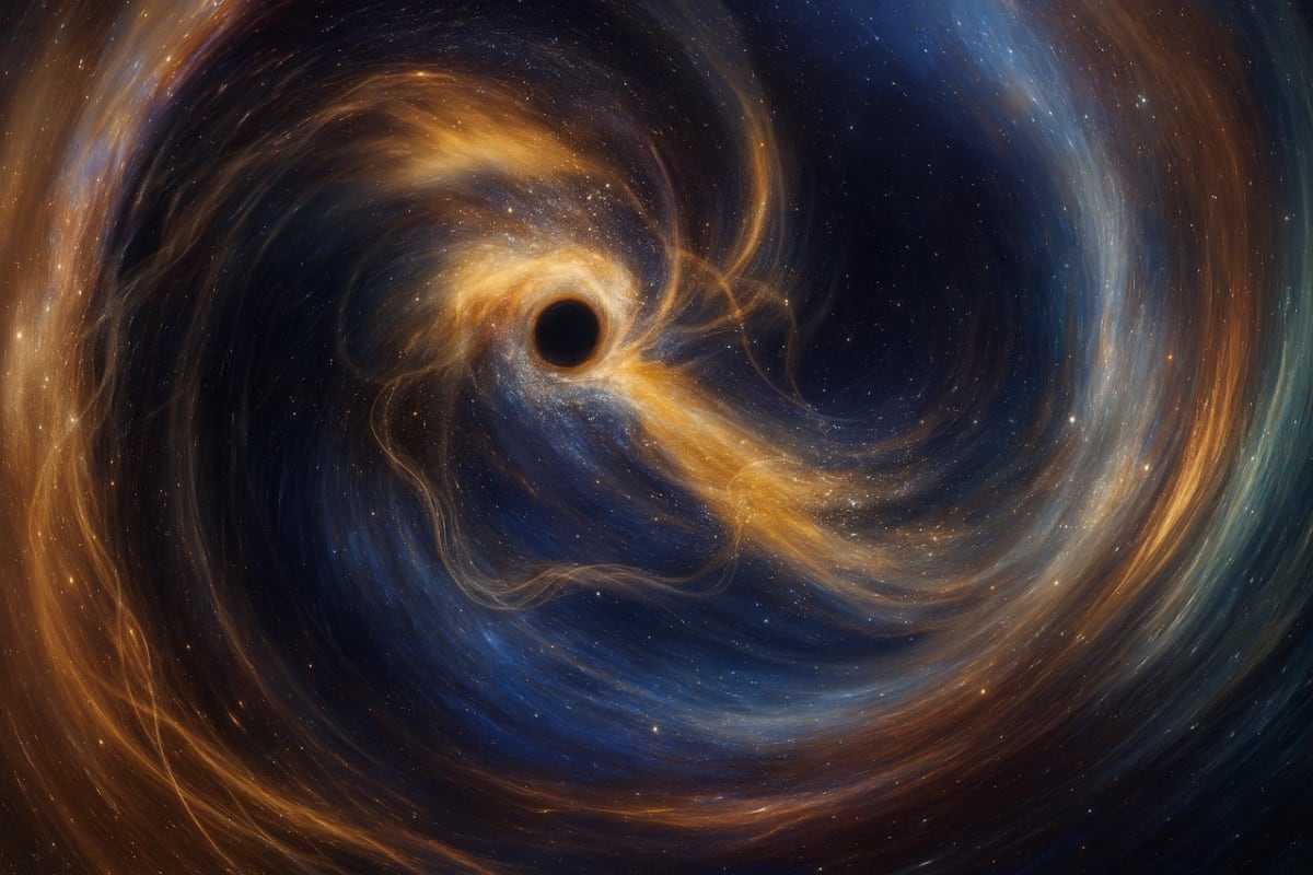 Ilustración artística de un agujero negro en espiral, con gas incandescente y filamentos de luz naranja y azul girando a su alrededor en el espacio profundo