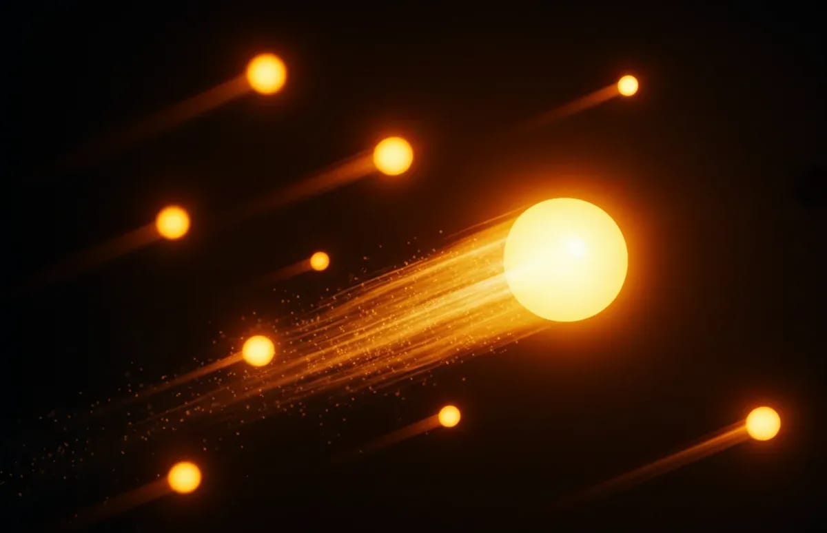 Ilustración artística de fotones desplazándose en el vacío como partículas de luz en movimiento