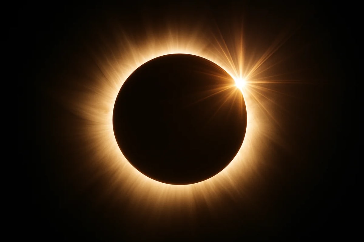 Eclipse solar total con la Luna cubriendo al Sol y la corona solar brillando alrededor en el cielo oscuro