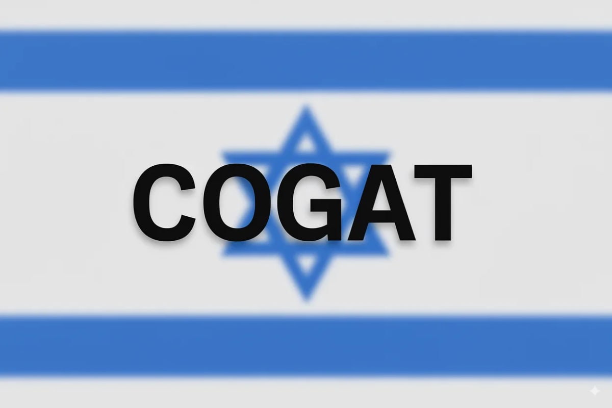 Bandera de Israel con el texto COGAT en primer plano