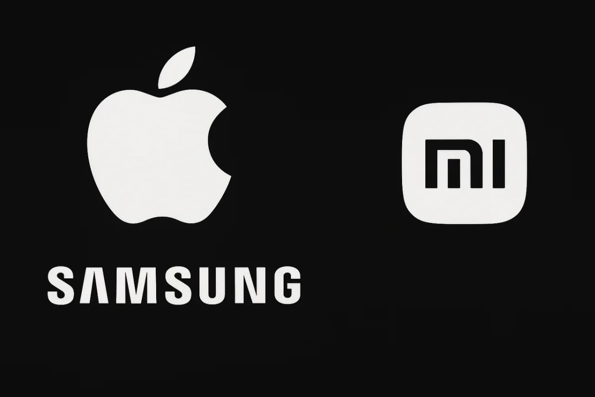 Logos de Apple y Samsung alineados a la izquierda y el logotipo de Xiaomi situado a la derecha