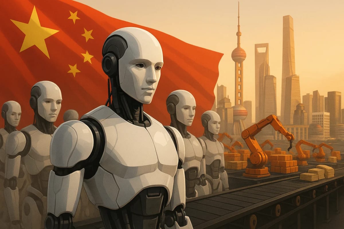 Ilustración de robots humanoides en una línea de ensamblaje en China, con la bandera nacional y rascacielos de Shanghái al fondo