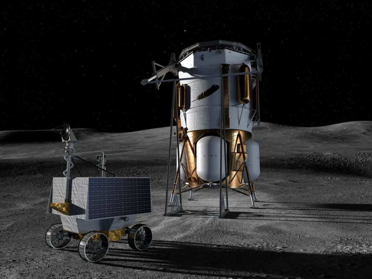 Ilustración del módulo Blue Moon Mark 1 de Blue Origin y el rover VIPER de la NASA en la superficie lunar