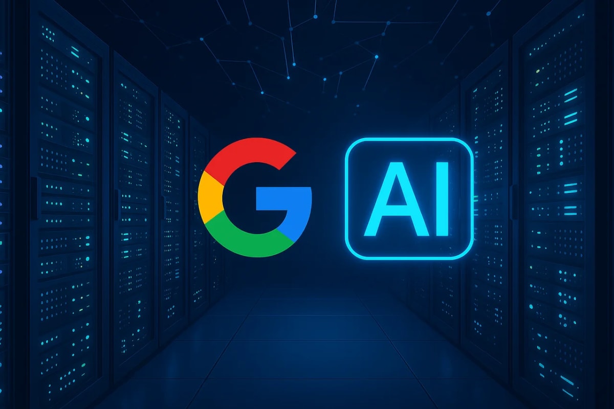 Centro de datos con servidores iluminados en azul y logotipo de Google AI destacado