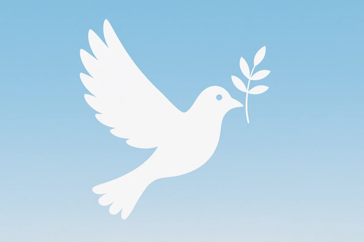 Ilustración minimalista de una paloma blanca con rama de olivo sobre fondo azul, símbolo del Día Internacional de la Paz