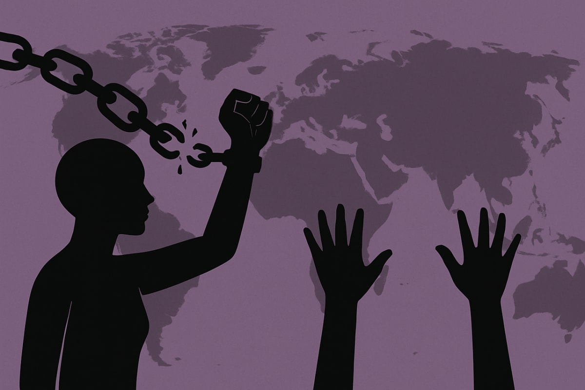 Ilustración con siluetas encadenadas que simbolizan la explotación sexual y la trata de personas