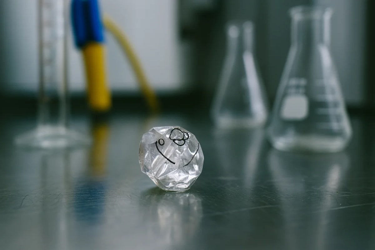 Ilustración de un diamante sintético creado en laboratorio con microondas y gas metano, representado sobre una mesa metálica con material científico