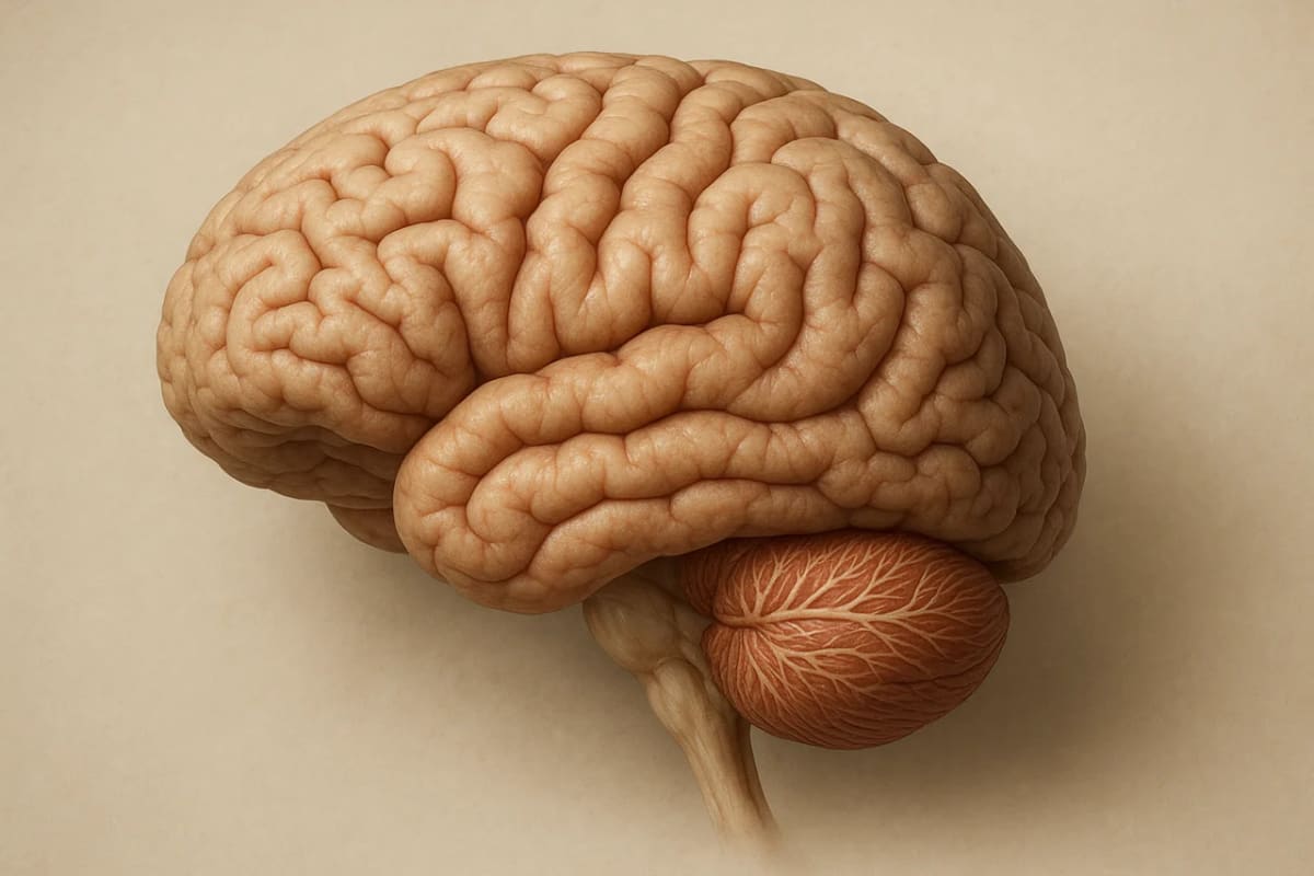 Cerebro humano mostrando los pliegues de la corteza cerebral y el cerebelo en la parte inferior