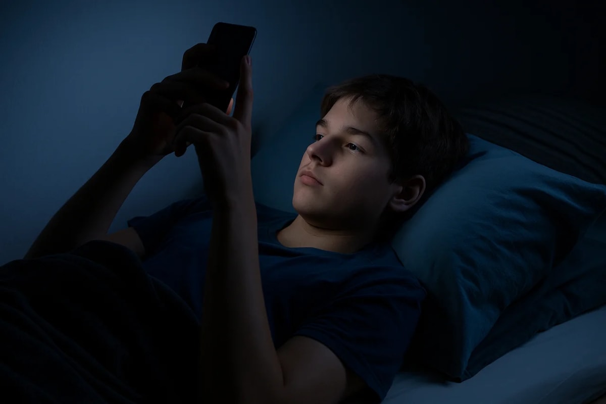 Adolescente en su habitación con una pantalla encendida antes de dormir, con contraste entre la luz azul de la pantalla y el entorno oscuro