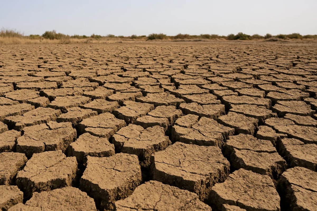 Paisaje árido con suelo agrietado y sin vegetación bajo un cielo despejado